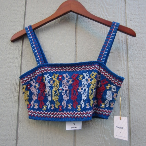 Forever 21 Crotchet Blue Multi Color Bandeau Crop‎ Top Womens S Y2K summer beach - Picture 1 of 12